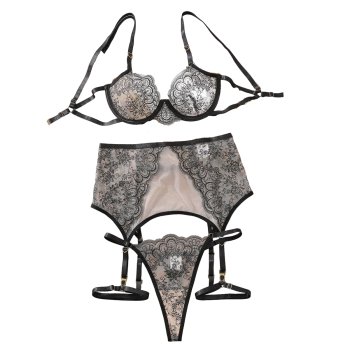 House Of Dasein Perspective Fun Set Embroidered Fishbone Lace Sexy Gathering Underwear Four Piece - Black Skin Color - L