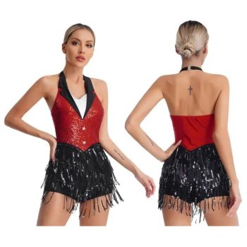 House Of Dasein Womens Jazz Latin Dance Performance Costume Halter Backless Sequins Jumpsuit - Red - M