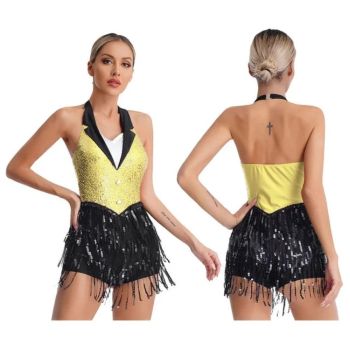 House Of Dasein Womens Jazz Latin Dance Performance Costume Halter Backless Sequins Jumpsuit - Yellow - L