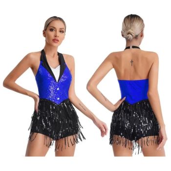 House Of Dasein Womens Jazz Latin Dance Performance Costume Halter Backless Sequins Jumpsuit - Blue - Xxl