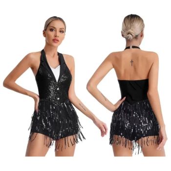 House Of Dasein Womens Jazz Latin Dance Performance Costume Halter Backless Sequins Jumpsuit - Black - L