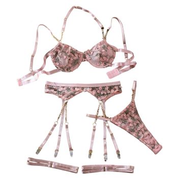 House Of Dasein Embroidered Floral Sheer Sexy Chain Bra Set - Pink - M