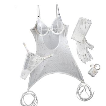 House Of Dasein Sequin Feature Women's Nightclub Style Push-Up Bra With Gloves And Wrist Straps Three-Piece Set - White Sequins - M