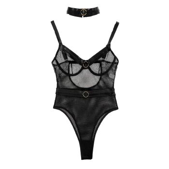 Sexy Women's Sheer Mesh Metallic Halter Bodysuit With Shaping And Gathering Design - M