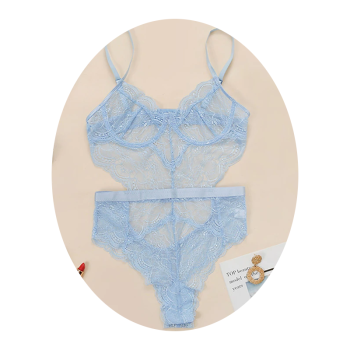 Sexy Lace Sheer Floral Backless Bodysuit Open Crotch Teddy Lingerie Women - Light Blue - L