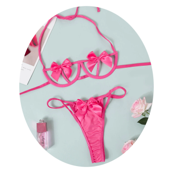 House Of Dasein Gift Bow Halter Bra Panties Lingerie Set For Women Black Red Yellow Pin - Pink - L