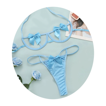 House Of Dasein Gift Bow Halter Bra Panties Lingerie Set For Women Black Red Yellow Pin - Light Blue - L