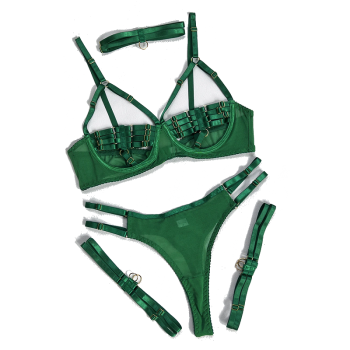Hod Health & Home Colourful Sexy Open Bra Bondage Fetish Lingerie Set Black Hunter Green Neon - Hunter Green - M