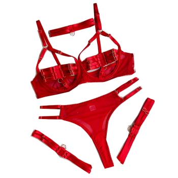 Hod Health & Home Colourful Sexy Open Bra Bondage Fetish Lingerie Set Black Hunter Green Neon - Red - L