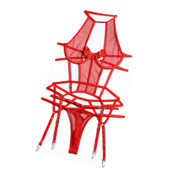 House Of Dasein Mesh Sexy Strappy Bandage Bodysuit Women Lingerie Colour Black Royal Blue White - Red - S