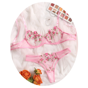House Of Dasein Sexy Sheer Delicate Floral Embroidery Transparent Lingerie Bra Panties Set - Light Pink - Xl