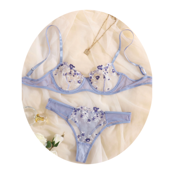 House Of Dasein Sexy Sheer Delicate Floral Embroidery Transparent Lingerie Bra Panties Set - Light Purple - S
