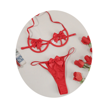 House Of Dasein Gift Bow Halter Bra Panties Lingerie Set For Women Black Red Yellow Pin - Red - L