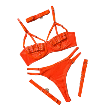 Hod Health & Home Colourful Sexy Open Bra Bondage Fetish Lingerie Set Black Hunter Green Neon - Neon Orange - S
