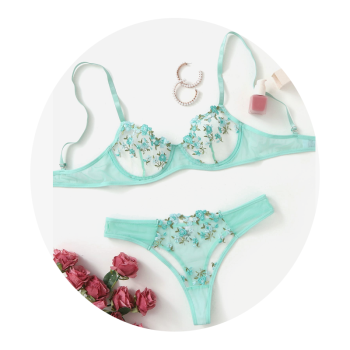House Of Dasein Sexy Sheer Delicate Floral Embroidery Transparent Lingerie Bra Panties Set - Mint - L