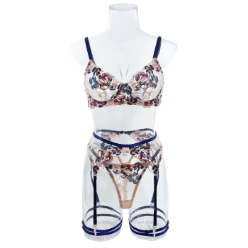 House Of Dasein Feminine Sheer Floral Flowers Lace Bra Panties Garter Belt Lingerie Set - Blue - L