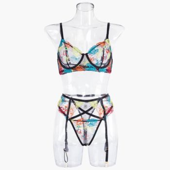 House Of Dasein Delicate Sheer Floral Sexy Lingerie Set Bra Garter Belt Panties Size Cm Under - M