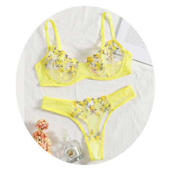 House Of Dasein Sexy Sheer Delicate Floral Embroidery Transparent Lingerie Bra Panties Set - Yellow - S