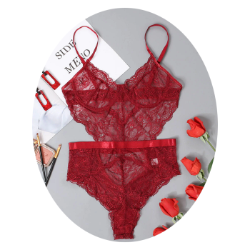 Sexy Lace Sheer Floral Backless Bodysuit Open Crotch Teddy Lingerie Women - Burgundy - M