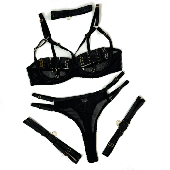 Hod Health & Home Colourful Sexy Open Bra Bondage Fetish Lingerie Set Black Hunter Green Neon - Black - S