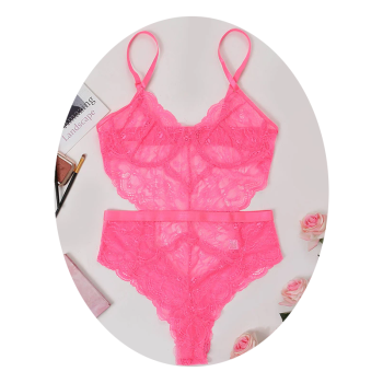 Sexy Lace Sheer Floral Backless Bodysuit Open Crotch Teddy Lingerie Women - Neon Pink - M