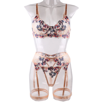 House Of Dasein Feminine Sheer Floral Flowers Lace Bra Panties Garter Belt Lingerie Set - Apricot - Xl