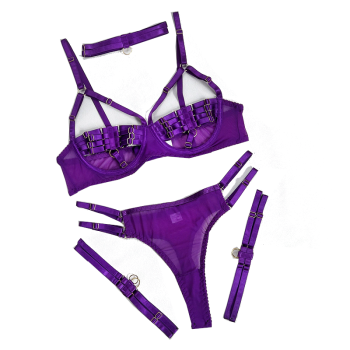 Hod Health & Home Colourful Sexy Open Bra Bondage Fetish Lingerie Set Black Hunter Green Neon - Purple - S