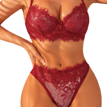 Sexy Lace Purple Bra Set Transparent Ultra-Thin Push-Up Underwear - Dark Red - Xl