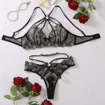 House Of Dasein Lace Embroidery Brings Together Sexy Lingerie And Underwear Set - Black - M
