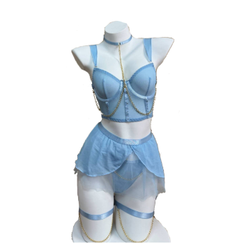 House Of Dasein Cross-Border Pure Desire Style Pink Sexy Transparent Mesh Skirt Uniform With Gloves Erotic Underwear Set - Light Blue - S