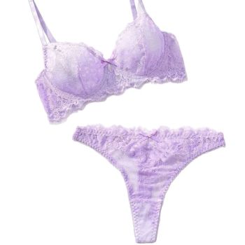 Sexy Lace Purple Bra Set Transparent Ultra-Thin Push-Up Underwear - Purple - L