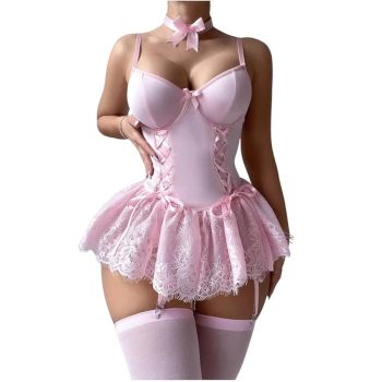 House Of Dasein Cross-Border Pure Desire Shapewear Jumpsuit With Suspender Stockings Set Erotic Lingerie Sexy Mesh Bow Suspenders Lace Dress - Pink - M