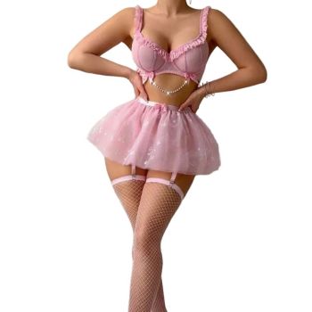 House Of Dasein Cross-Border Foreign Trade Fashion Simple Sexy Beaded Chain Transparent Mesh Pleated Lace Strap Lingerie Set - Pink - M