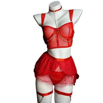 House Of Dasein Cross-Border Pure Desire Style Pink Sexy Transparent Mesh Skirt Uniform With Gloves Erotic Underwear Set - Red - Xs