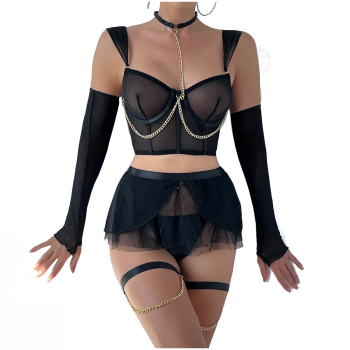 House Of Dasein Cross-Border Pure Desire Style Pink Sexy Transparent Mesh Skirt Uniform With Gloves Erotic Underwear Set - Black - Xl