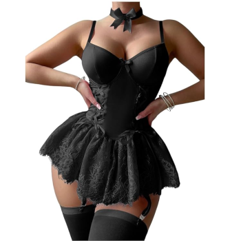 House Of Dasein Cross-Border Pure Desire Shapewear Jumpsuit With Suspender Stockings Set Erotic Lingerie Sexy Mesh Bow Suspenders Lace Dress - Black - M