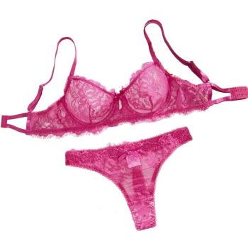 Sexy Lace Purple Bra Set Transparent Ultra-Thin Push-Up Underwear - Rose Red - L