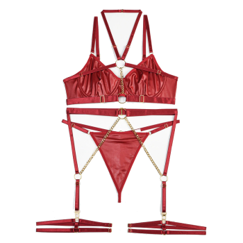 House Of Dasein Pvc Faux Latex Strappy Chain Bondage Fetish Lingerie Women Black Blue Light Pink - Burgundy - Xl