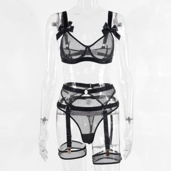 House Of Dasein 5 Piece Bows Mesh Fishnet Sexy See Through Lingerie Set Women Black Blue Neon - Black - M
