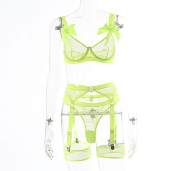 House Of Dasein 5 Piece Bows Mesh Fishnet Sexy See Through Lingerie Set Women Black Blue Neon - Neon Green - L
