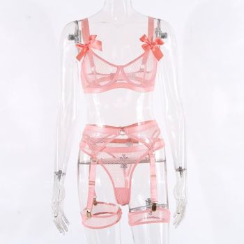 House Of Dasein 5 Piece Bows Mesh Fishnet Sexy See Through Lingerie Set Women Black Blue Neon - Light Pink - M