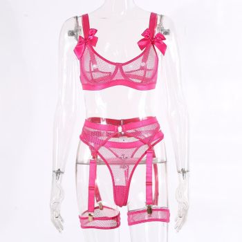 House Of Dasein 5 Piece Bows Mesh Fishnet Sexy See Through Lingerie Set Women Black Blue Neon - Rose - S