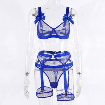 House Of Dasein 5 Piece Bows Mesh Fishnet Sexy See Through Lingerie Set Women Black Blue Neon - Blue - M