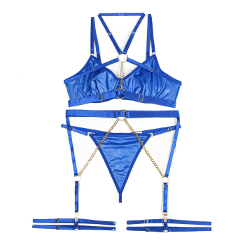 House Of Dasein Pvc Faux Latex Strappy Chain Bondage Fetish Lingerie Women Black Blue Light Pink - Blue - L
