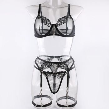 House Of Dasein 5 Piece Luxury See Through Floral Chains Thong Garter Bra Lingerie Set Colour - Black - L