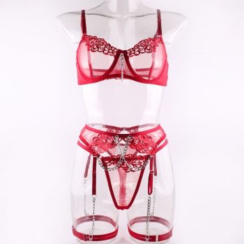 House Of Dasein 5 Piece Luxury See Through Floral Chains Thong Garter Bra Lingerie Set Colour - Red - S