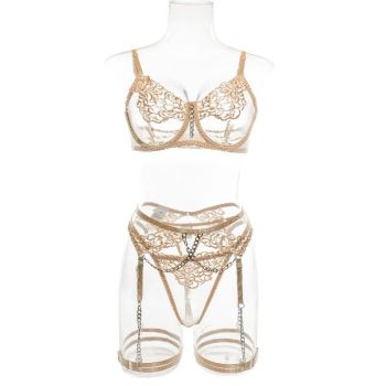 House Of Dasein 5 Piece Luxury See Through Floral Chains Thong Garter Bra Lingerie Set Colour - Apricot - M