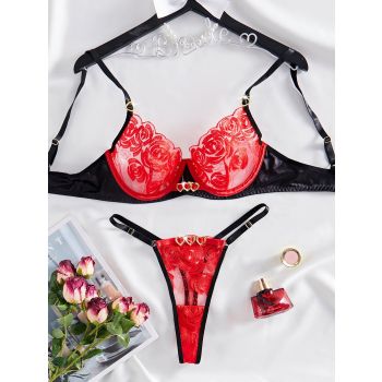 House Of Dasein Female Embroidered Sexy Underwear Set Red & Black Valentine's Day Collection - Black And Red - M