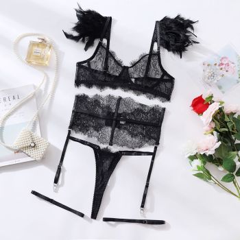 House Of Dasein Feather Lingerie Lace Transparent Set Seductive Underwear 4 Piece - Black - L