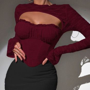 House Of Dasein Sexy Lace Splicing Long Sleeve T Shirt - Wine Red - L